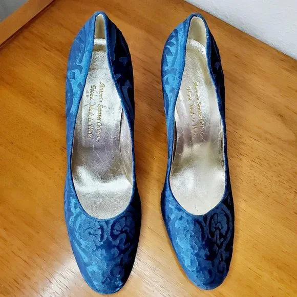 Antonia Sautter Collection Blue Velvet Damask Print Heels Shoes Handmade SZ 37 - Picture 10 of 12